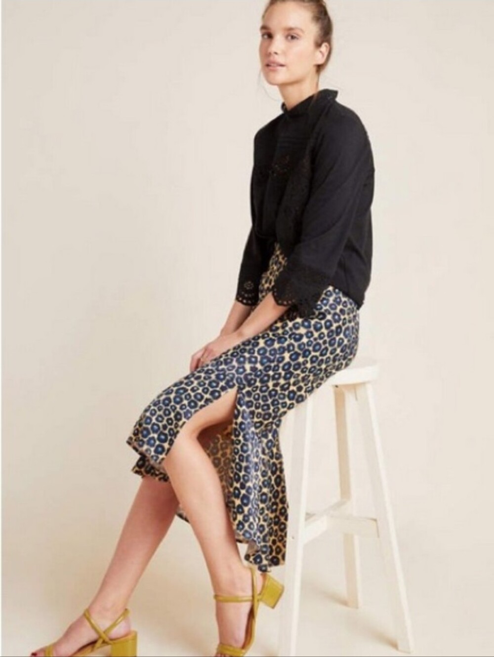 Anthropologie Maeve Leopard Print Midi Skirt in Navy and Tan